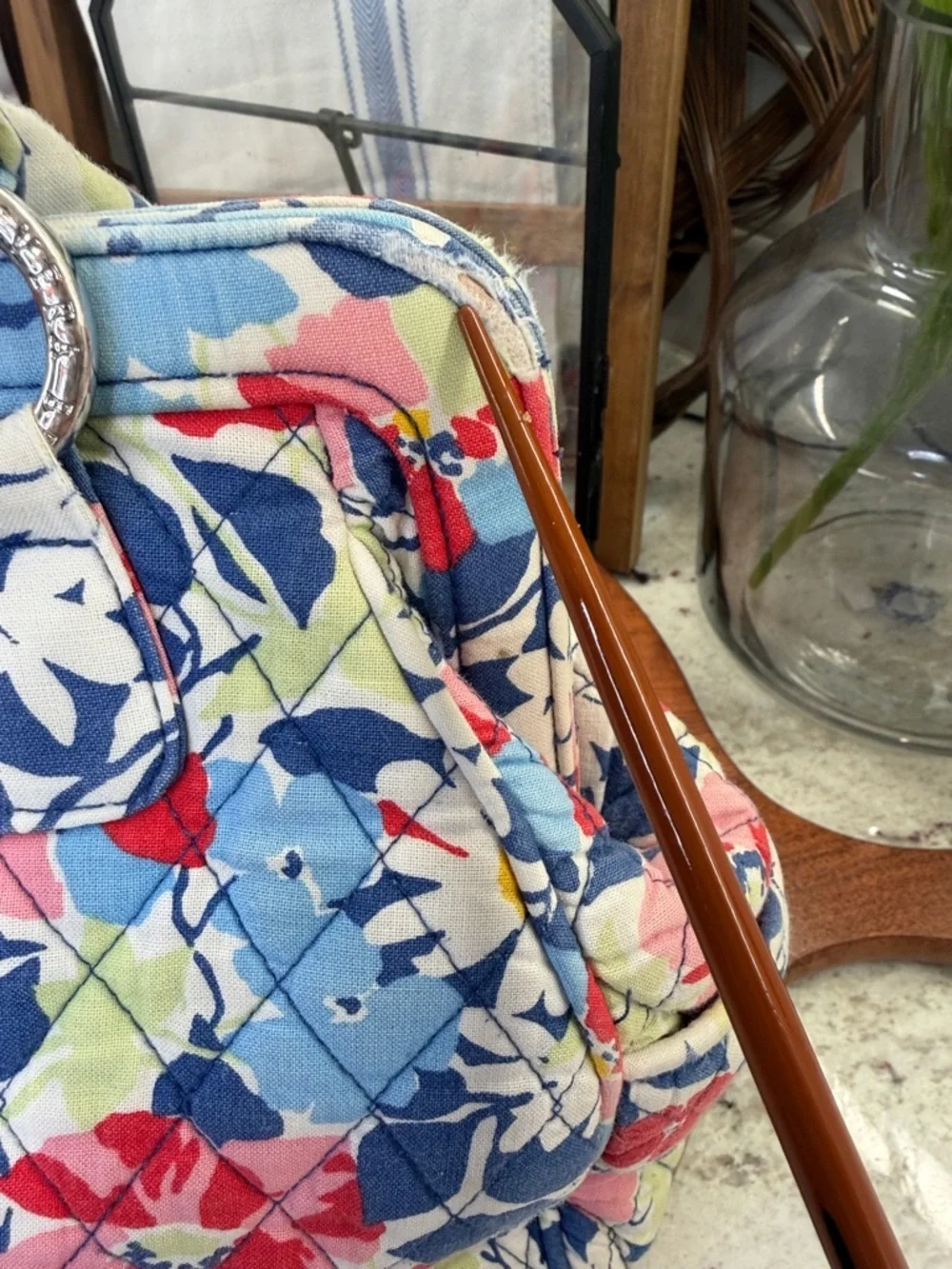 Vera Bradley Blue Floral Quilted Frame Bag with Pink & Red Accents